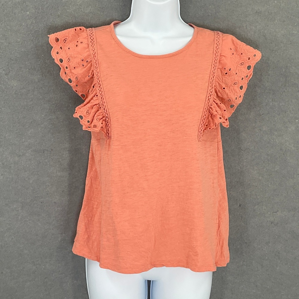 LC Lauren Conrad Women's Top Sz S Peach Ruffle Eyelet Short‎ Sleeve Peasant Boho
